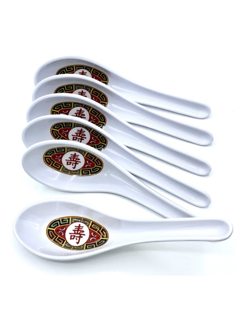 Melamine Asian Soup Rice Spoons Lot of 6 Red Longevity (寿）Chinese Pattern NWT